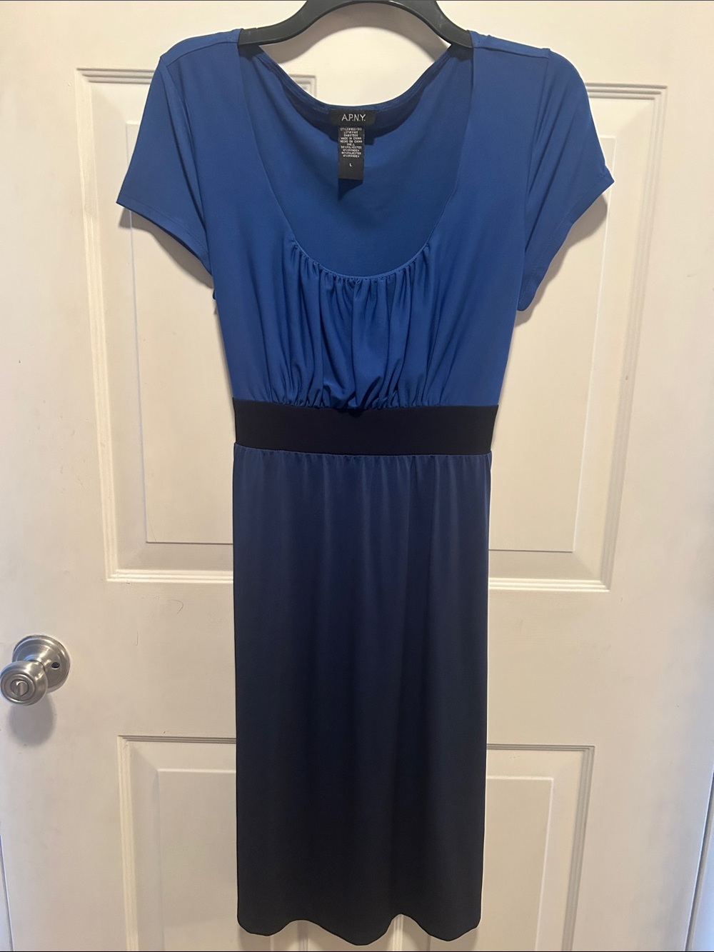 A.P.N.Y. Blue Ombre Scoop Neck Midi Dress with Black Waistband